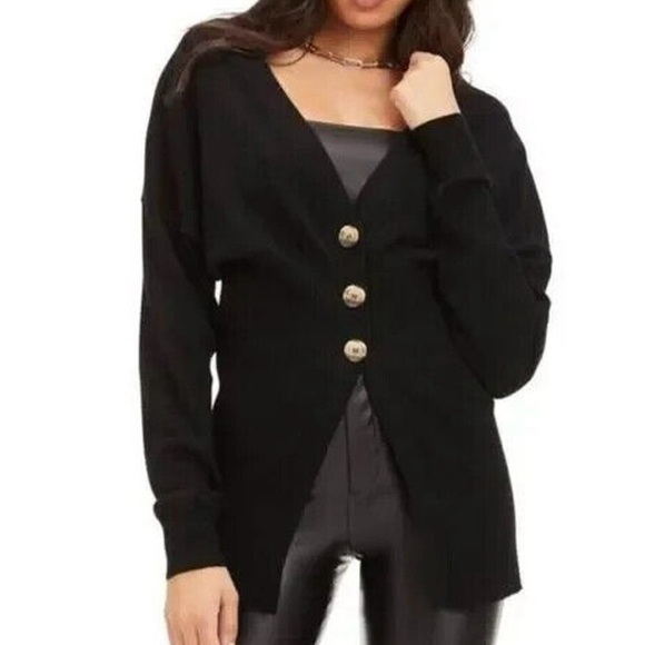GOOD AMERICAN Waisted Cardigan Sweater V-Neck in Black Size 3/4 - Picture 2 of 11